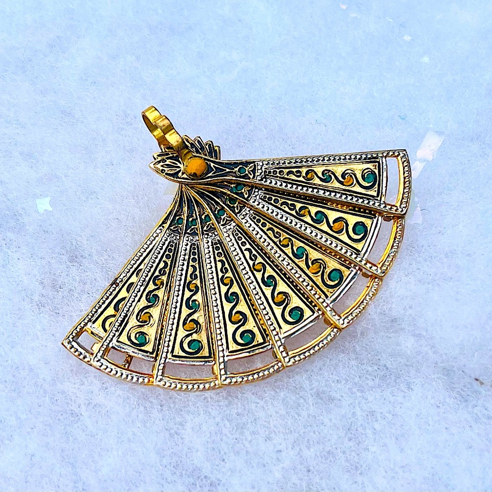 Vintage Damascene Fan brooch or pendant.